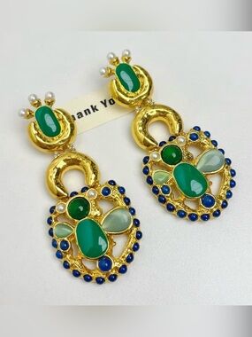Schiaparelli Inspired Green & Blue Gold-Tone Statement Drop Earrings